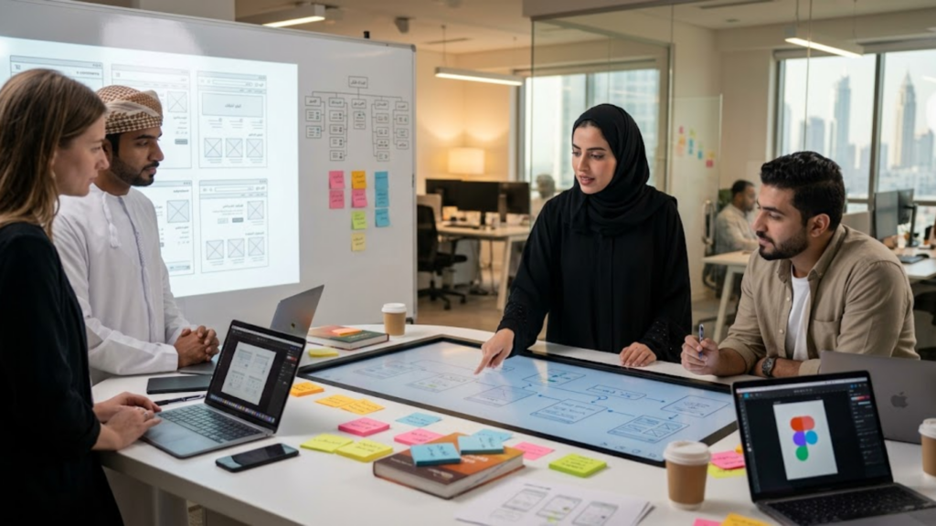 Alt text: A diverse team of UX designers in a modern Dubai office collaborating on Arabic-first information architecture. A woman in a hijab points to an RTL user flow on a digital touch-table, while colleagues in traditional Emirati attire and smart-casual wear review wireframes on laptops and whiteboards.
