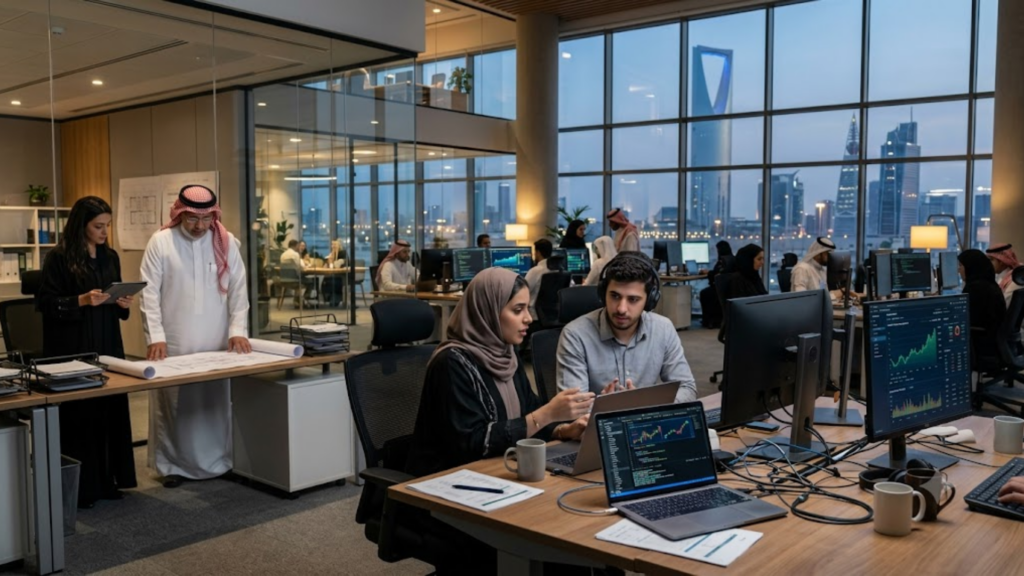 A modern Islamic FinTech corporate office in the Middle East with a view of the Riyadh skyline through large windows. Diverse professionals, including women in hijabs and men in traditional thobes and western attire, work collaboratively. In the foreground, a female UX designer and a male developer discuss product design on a laptop and monitor showing financial data charts, illustrating Shariah-compliant digital product development.