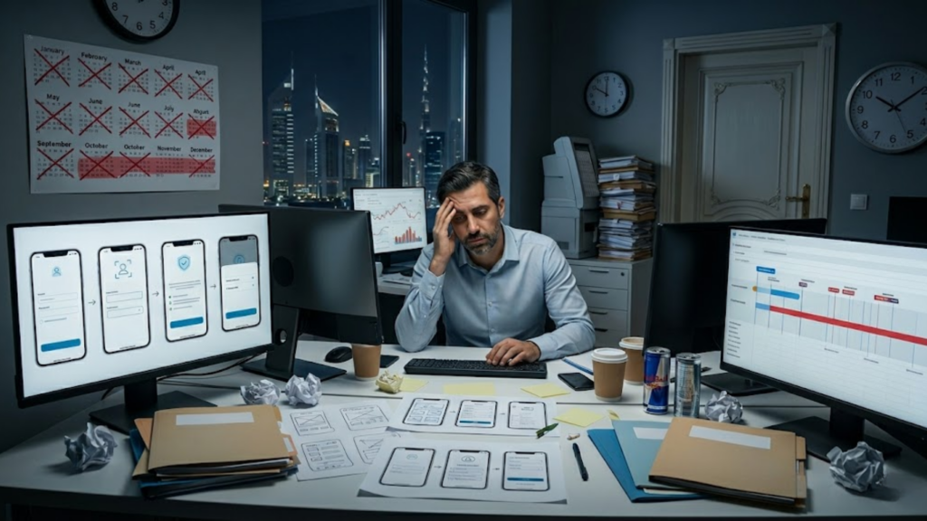 An exhausted, stressed man sits at a cluttered office desk late at night, resting his head in his hand while looking at his computer. He is surrounded by multiple monitors displaying mobile app UI wireframes and project timelines, alongside empty coffee cups, energy drink cans, crumpled paper, and printed wireframe drafts. A large calendar with numerous crossed-out days hangs on the wall behind him, and an illuminated city skyline is visible through the dark window.