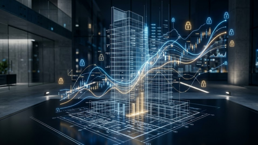 Prompt: A cinematic shot of a modern, premium corporate boardroom overlooking a futuristic Middle Eastern city skyline at dusk. On a sleek dark glass table sits a high-end tablet displaying a complex, glowing UI wireframe flowchart with overlapping red and amber warning highlights, symbolizing friction and regulatory check-points. Elegant, high-contrast lighting, muted moody tones, hyper-detailed, luxury corporate atmosphere, no text --ar 16:9
