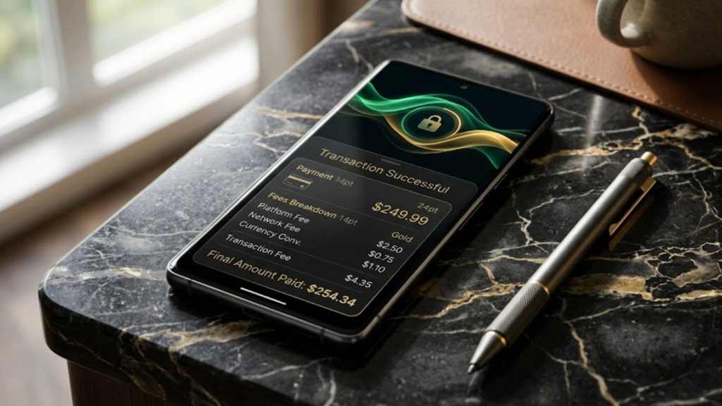 Prompt: A close-up, high-end photograph of a premium smartphone displaying a flawlessly clean, minimalist digital wallet transaction interface. The screen shows smooth green and gold biometric verification waves and a transparent, elegant fee breakdown layout. The phone rests on a luxury dark marble workspace next to a metallic stylist pen. Soft dramatic studio lighting, sharp focus, sophisticated and secure aesthetic, no text --ar 16:9
