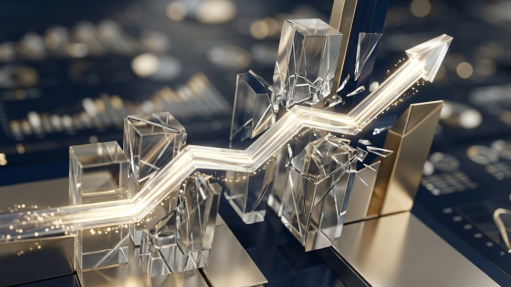 A dynamic, premium data visualization graphic rendered in 3D. A clean, glowing upward trend chart cutting smoothly through abstract translucent geometric barriers, symbolizing speed and compressed timelines. Palette of rich platinum, gold, and deep navy blue. High-end financial dashboard style, macro lens depth of field, polished glass reflections, professional and powerful, no text --ar 16:9