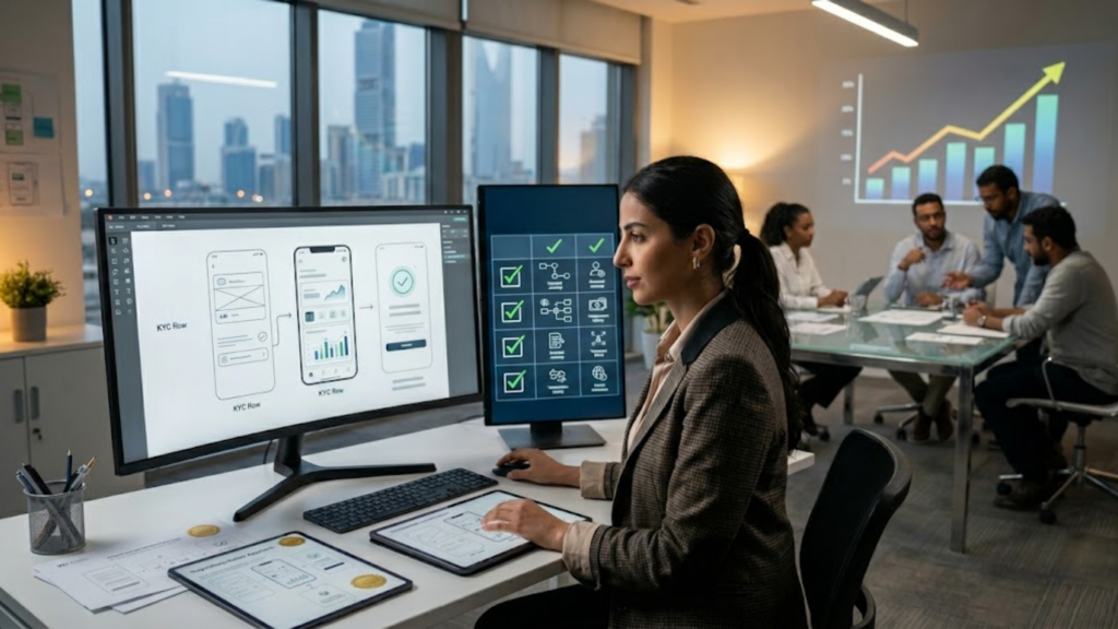 A professional woman sits at a modern office desk, actively working on dual computer monitors. Her primary widescreen monitor displays mobile app wireframes specifically labeled "KYC flow," while her secondary vertical monitor shows a grid or checklist featuring prominent green checkmarks. Her desk is equipped with a tablet displaying more wireframes, a keyboard, and printed documents bearing gold seals. In the blurred background, a team of four colleagues collaborates around a glass conference table, with one individual standing to present an upward-trending financial bar and line graph projected onto the wall. Large windows behind the woman reveal a modern city skyline.
