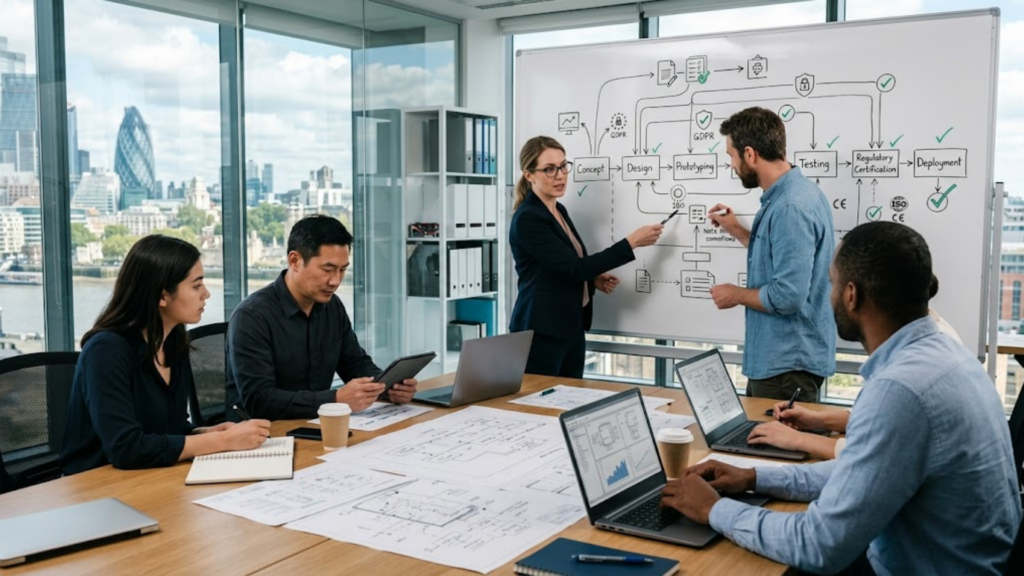 A professional business meeting in a modern, glass-walled conference room overlooking a major financial capital city skyline. A diverse group of fintech corporate professionals are collaborating around a large wooden conference table covered in diagrams, laptops, and tablets. A woman in a business suit points to a whiteboard detailing a product development workflow—spanning Concept, Design, Prototyping, Testing, Regulatory Certification, and Deployment—while a colleague takes notes.
