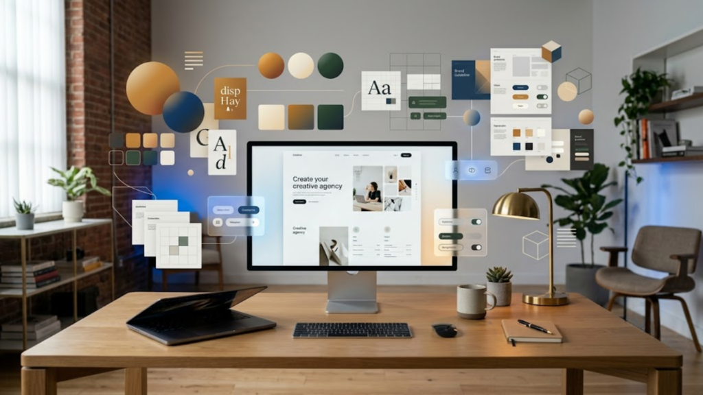 "A modern, clean workspace featuring a computer monitor surrounded by floating UI/UX design elements like color palettes, typography scales, and interface wireframes, representing the strategic design process required to build trust and authority in a competitive digital market."